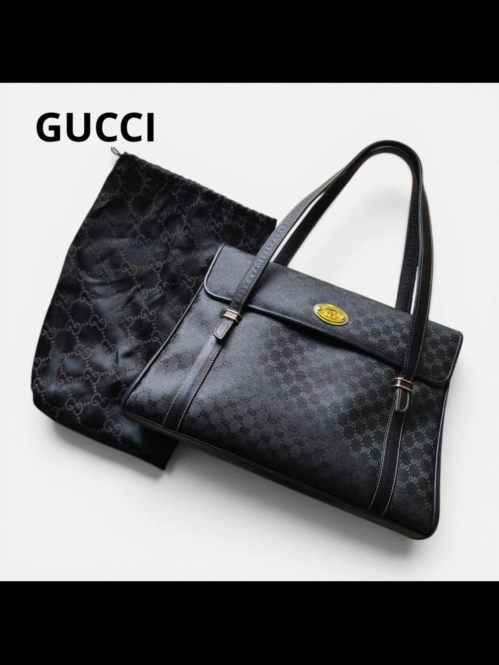 Gucci Black Monogram Satchel with Gold-Tone Oval Emblem